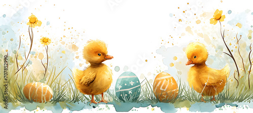 banner of watercolour illustration of two little ducks with three easter eggs