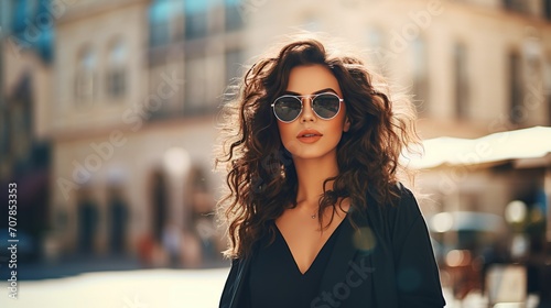 A fashionable young woman with sunglasses, exuding confidence and style on a modern city street