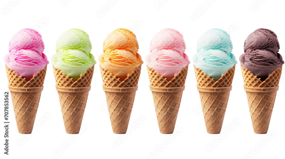 set of Ice cream different colors scoop on waffle cone on white background cutout set of Ice cream different colors scoop on waffle cone on white background cutout