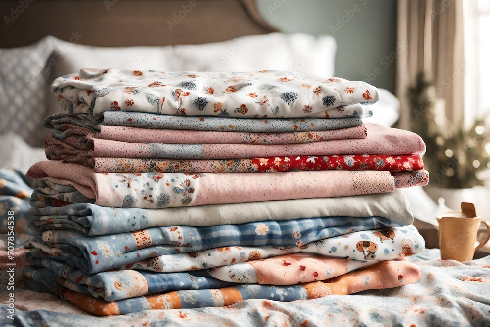 A stack of cozy flannel pajamas in playful prints, arranged neatly on a soft blanket, ready for a chilly winter night. A stack of cozy flannel pajamas in playful prints, arranged neatly on a soft blanket, ready for a chilly winter night.