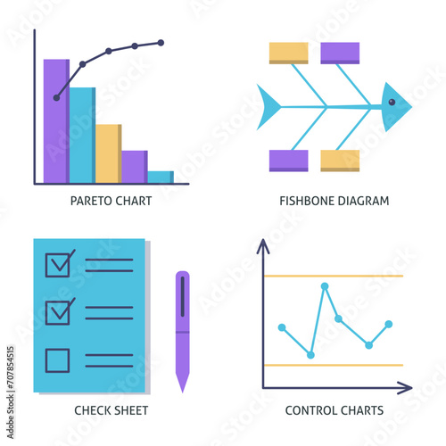 Quality control charts flat icon set