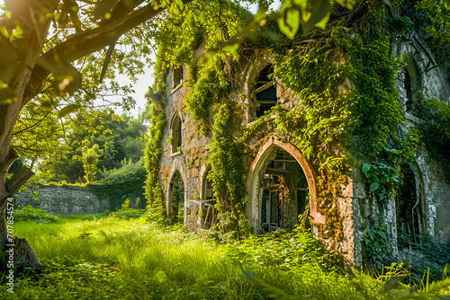 Mystical remainings of old forgoton house covered in grass and trees