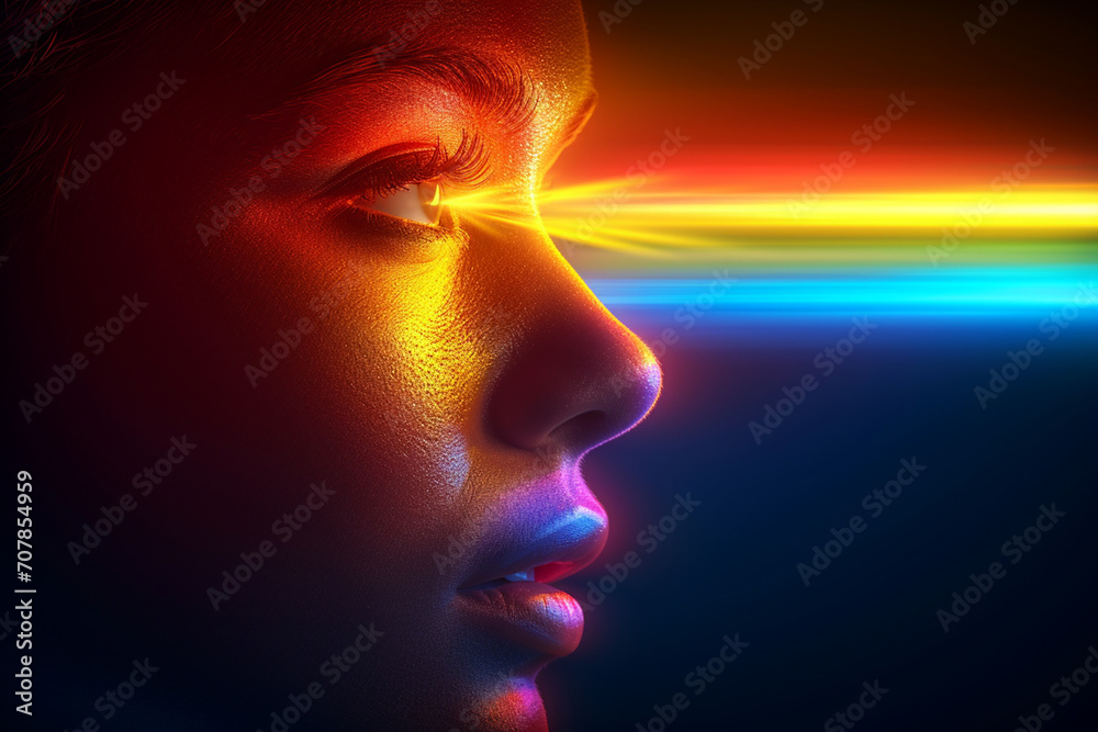 
Pop art illustration of face created by lines of rubber A rainbow colored blurry image of a body, in the style of metallic textures, dark