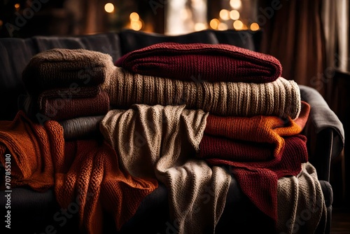 A stack of knitted blankets in rich, warm colors, piled high on a plush couch, inviting coziness on a winter evening. photo