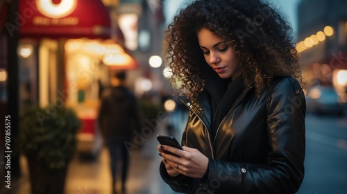 Capture the essence of a young woman with curly hair and a black leather jacket, absorbed in using her mobile phone on the vibrant city street photo