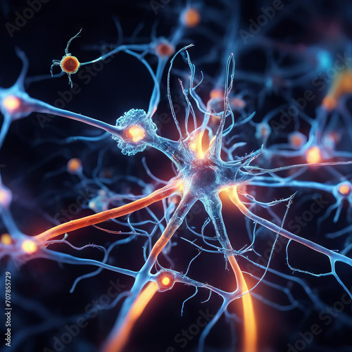 3d rendering of a network of neuron cells and synapses through which electrical impulses pass.