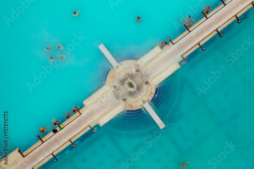 Aerial top down view about people swimming in the thermal bath at Harkany, Hungary photo