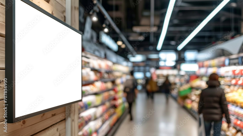 Supermarket with Mock up board for product advertisement. Created using generative AI.
Supermarket with Mock up board for product advertisement. Created using generative AI.