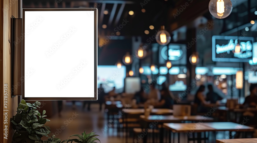 Cafe with blank space board for service and product advertisement. Created using generative AI.