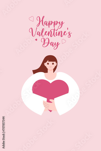 Girl holding heart. Happy Valentine's Day. Valentines day graphics. Valentine day concept with cute characters. Girl gives valentine. 