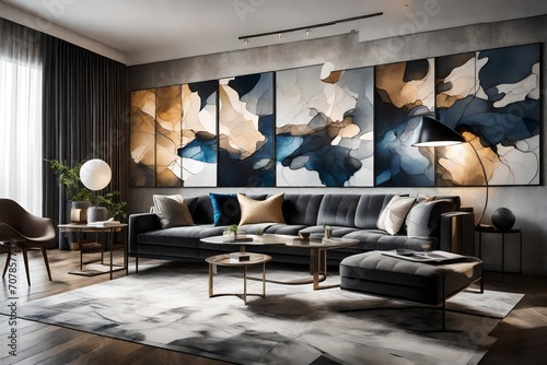 A dramatic lighting setup in the living room, casting shadows and highlights on the ink abstract art panels, enhancing their three-dimensional quality and visual impact. photo