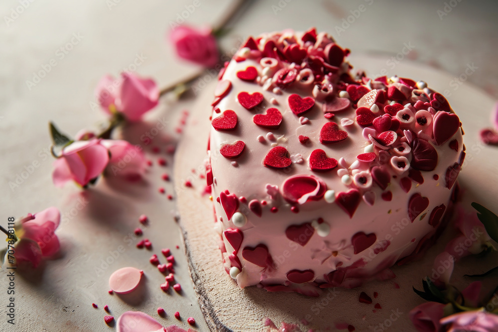 Close up cake in heart form with heart-shaped decor for a wedding anniversary or Valentine's day Close up cake in heart form with heart-shaped decor for a wedding anniversary or Valentine's day