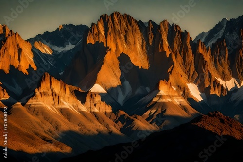A majestic mountain range, with layers of sedimentary rocks clearly visible, bathed in the golden light of the setting sun.