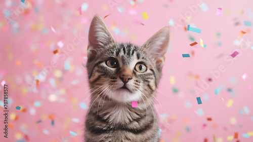 Cat celebration at party. pink backgroound