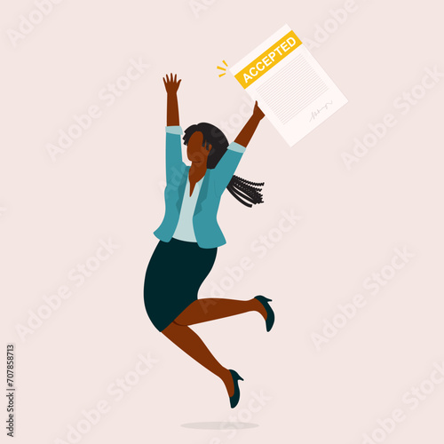 One Excited Black Woman With Businesswear Received A Job Offer Acceptance Letter. Full Length. Flat Design.