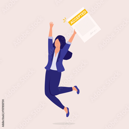 One Excited Woman With Businesswear Received A Job Offer Acceptance Letter. Full Length. Flat Design.