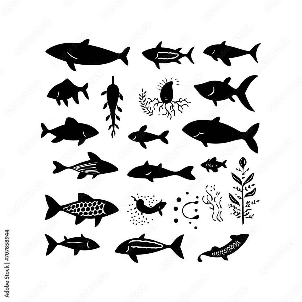 Collection of sea silhouette. Set of sea ocean animals.Cute icon of sea animals.Vector illustration and logo style. Collection of sea silhouette. Set of sea ocean animals.Cute icon of sea animals.Vector illustration and logo style.