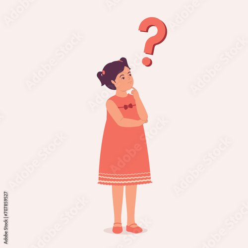 One Curious Little Girl Standing And Thinking Question With Her Hand On Chin. Full Length.