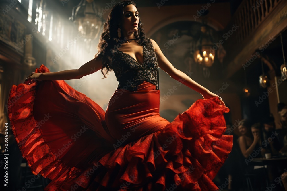 beautiful woman in red dress dancing spanish dance  flamenco in night club in Andalusia - obrazy, fototapety, plakaty 