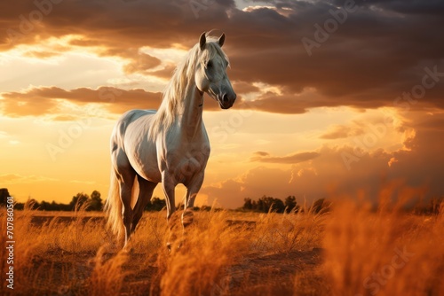 beautiful white horse standing at sunset in the field in nature photo
