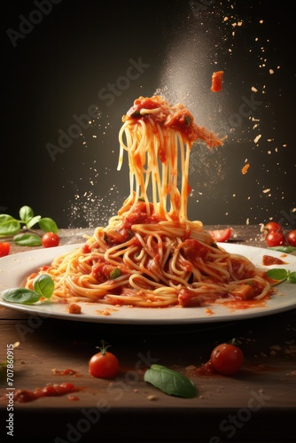 Italian pasta amatriciana spaghetti falling into plate appetizing vertical creative restaurant or pizzeria poster