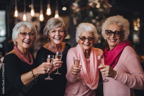 senior female friends celebrating Galentines day drinking champagne at fancy restaurant 