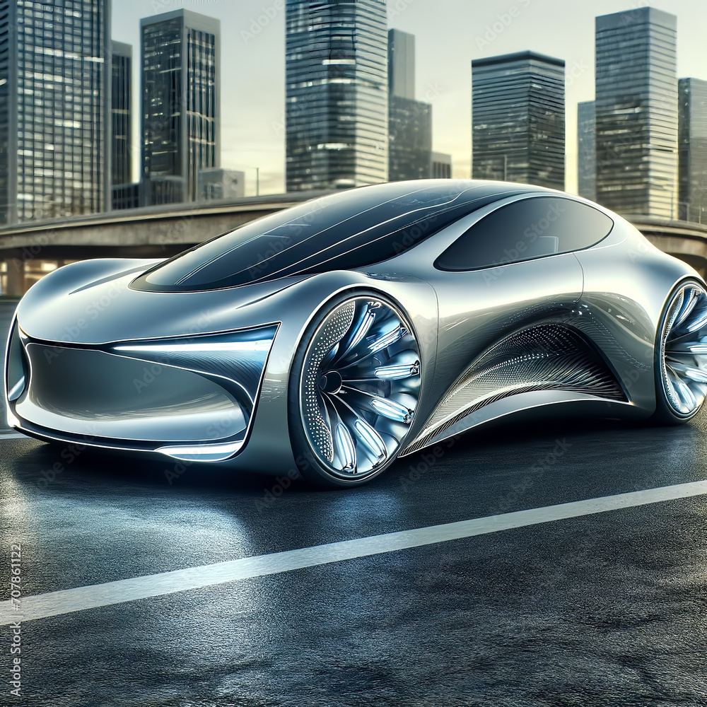 A concept of a futuristic car with realistic features, designed with a sleek and aerodynamic shape. The car should have a smooth, polished surface, A concept of a futuristic car with realistic features, designed with a sleek and aerodynamic shape. The car should have a smooth, polished surface,