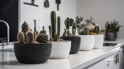 A cluster of small cacti in modern black and white. AI generated