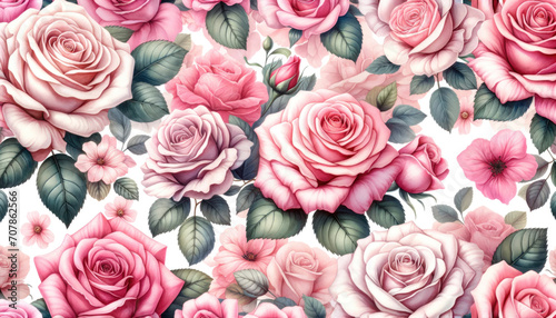 Hand painted background. Seamless pattern with watercolor roses. Generative ai.