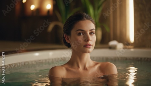 Sensual young woman relaxing in spa swimming pool, enjoy vacation at resort. Beauty and body care concept. Generative AI