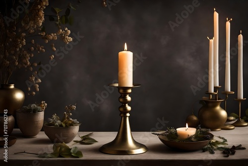 A weathered brass candlestick holder with a lit candle, casting a soft glow around. © WOW