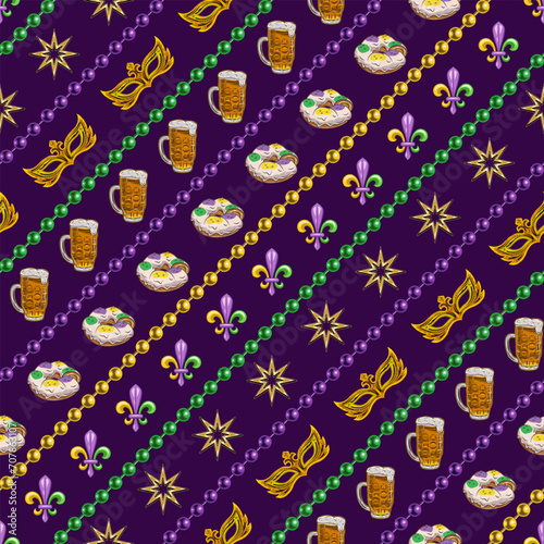 Mardi Gras seamless pattern with holiday objects and symbols, strings of beads. Geometric pattern with diagonal stripes on black background. Vintage illustration for prints, clothing, wrapping paper