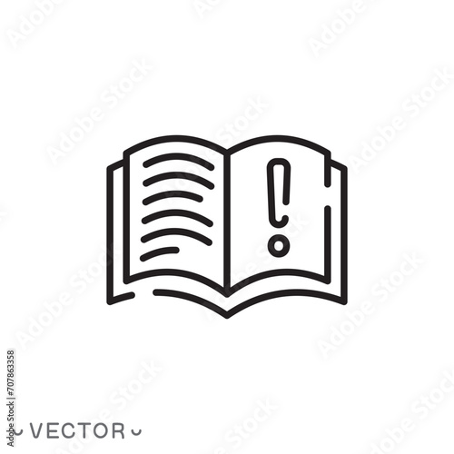 interesting fact in a book icon, cognitive book or magazine, thin line symbol isolated on white background, editable stroke eps 10 vector illustration