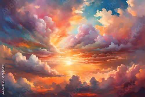 Sunlight filtering through a tapestry of multicolored clouds  painting the sky in a surreal palette of hues.