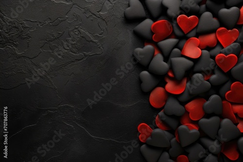 Red and black hearts on a dark background. Happy Valentine's Day top view greeting card. © stopabox