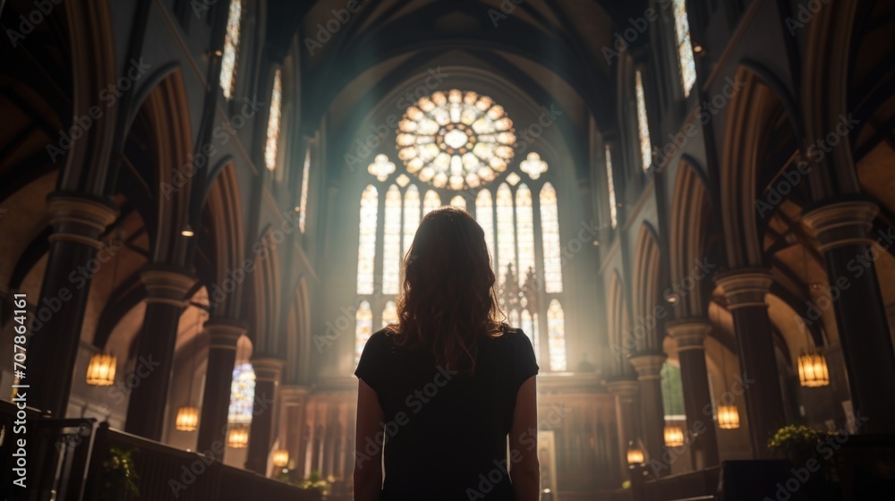 Woman standing inside church wearing dress