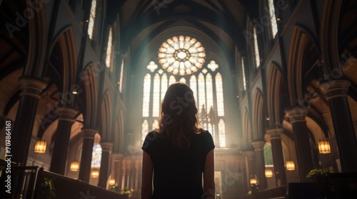 Woman standing inside church wearing dress