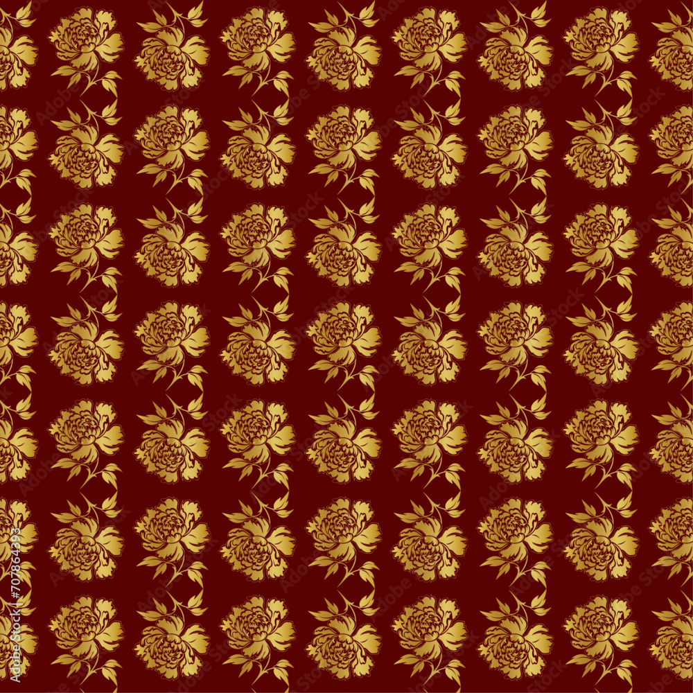 Golden luxury flowers on red background. background pattern decoration for printing, fabric, web, poster, banner, and card concept vector illustration Golden luxury flowers on red background. background pattern decoration for printing, fabric, web, poster, banner, and card concept vector illustration