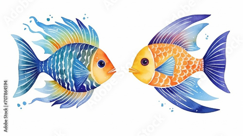 colorful underwater fish sea animals. ocean life watercolor on white background