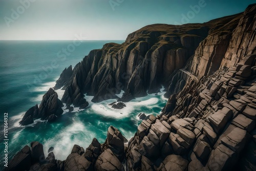 A rocky coastline with towering cliffs, showcasing the erosional patterns and mineral veins, with waves crashing against the rocks, emphasizing the raw power of nature. photo
