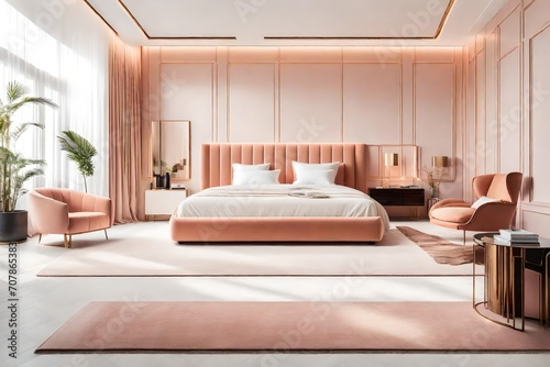minimal luxury bedroom interior in a peach fuzz color scheme. Envision the space with a serene and sophisticated atmosphere, characterized by a king-size bed as the central focal point.
