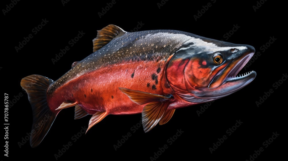 Close-up live salmon fish underwater isolated. Salmon in the sea. Salmon in the ocean. Sea fishing. Sale of fish. Trout in the sea. Live red fish underwater.	
