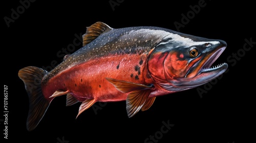 Close-up live salmon fish underwater isolated. Salmon in the sea. Salmon in the ocean. Sea fishing. Sale of fish. Trout in the sea. Live red fish underwater. 