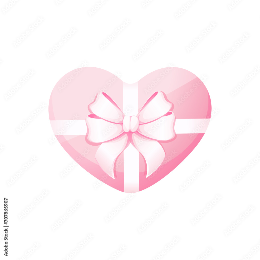 Pink box in the shape of a heart with a bow.Element for Valentine's Day,Women's Day,Mother's Day.Vector illustration isolated on white background.