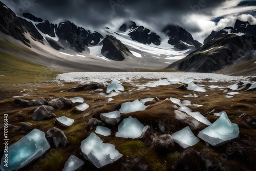 The intersection of glacial ice and a rugged alpine meadow, a surreal coexistence. photo