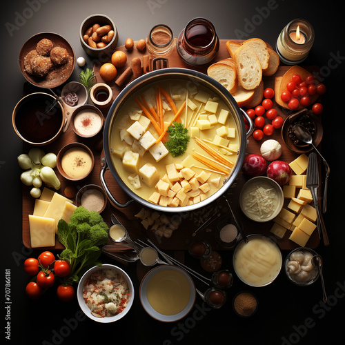 Food still life, cheese fondue surrounded by dippers: several vegetables, bread and sauces