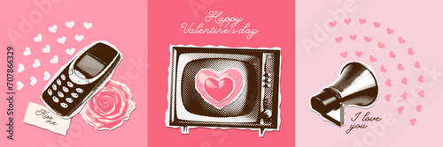 Halftone collage Valentine's day greeting cards set with grunge texture. Retro y2k phone, Old button mobile phone, TV and megaphone with Symbols of love broadcast and Valentines day. Vector design.