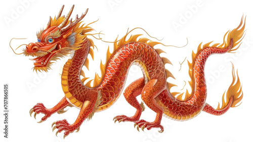 Illustration of a fiery red and orange dragon with intricate scales. © mashimara