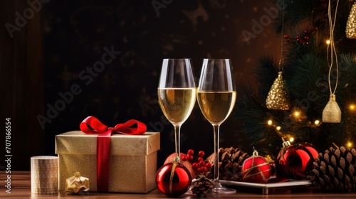 Glasses of champagne or wine glass. Merry christmas and happy new year concept