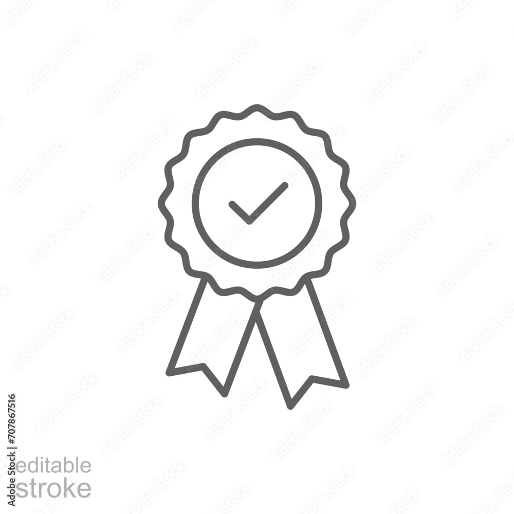 Rosette stamp icon. Simple outline style. Guarantee, warranty, certificate, medal with check mark, ribbon, quality concept. Thin line symbol. Vector isolated on white background. Editable stroke SVG. Rosette stamp icon. Simple outline style. Guarantee, warranty, certificate, medal with check mark, ribbon, quality concept. Thin line symbol. Vector isolated on white background. Editable stroke SVG.